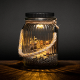 Lampion solarny LED w słoiku, konopny uchwyt, ciepłe światło