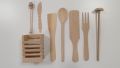 Zestaw drewnianych przyborów kuchennych w stojaku