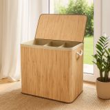 Bambusowy kosz na pranie 150 l z pokrywą – 3 przegródki