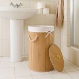 Okrągły kosz na pranie z bambusa 55 l z pokrywą i workiem