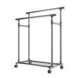 Metalowy wieszak na ubrania na kółkach, 2 drążki + półka