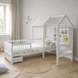 Białe łóżko dziecięce domek Yari z biurkiem i szufladami