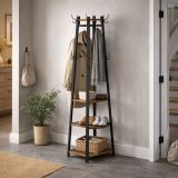 Wieszak stojący z półkami, stal i drewno, 43x43x180 cm, brąz