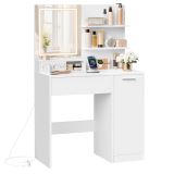 Toaletka z lustrem LED, biała, z szufladą i ładowaniem USB